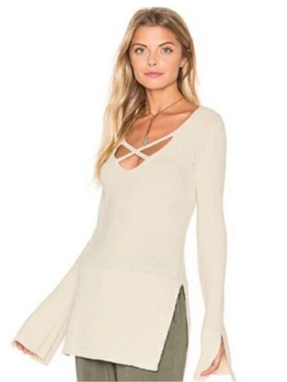 Free People Cream Criss Cross Bell Sleeve Oversized Sweater S Boho Knit Tunic